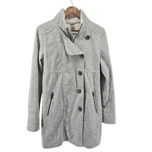 prAna Angelica Duster Jacket Medium Gray Fleece Mock Neck Button Front *